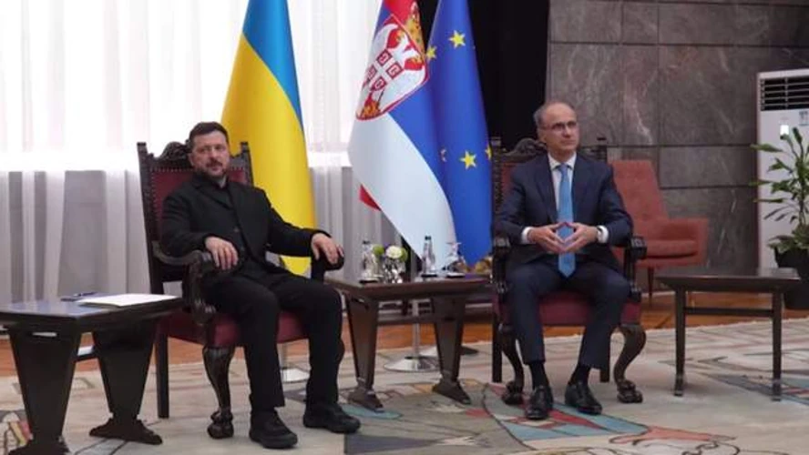 Володимир Зеленський під час розмови з прем'єр-міністром Сербії Джуро Мацутом